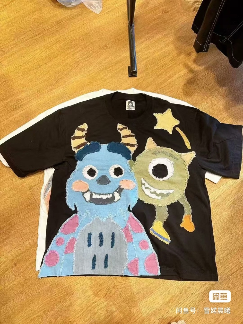 Handmade in Thailand Black Monsters Appliqué Tee with Blue & Green Characters